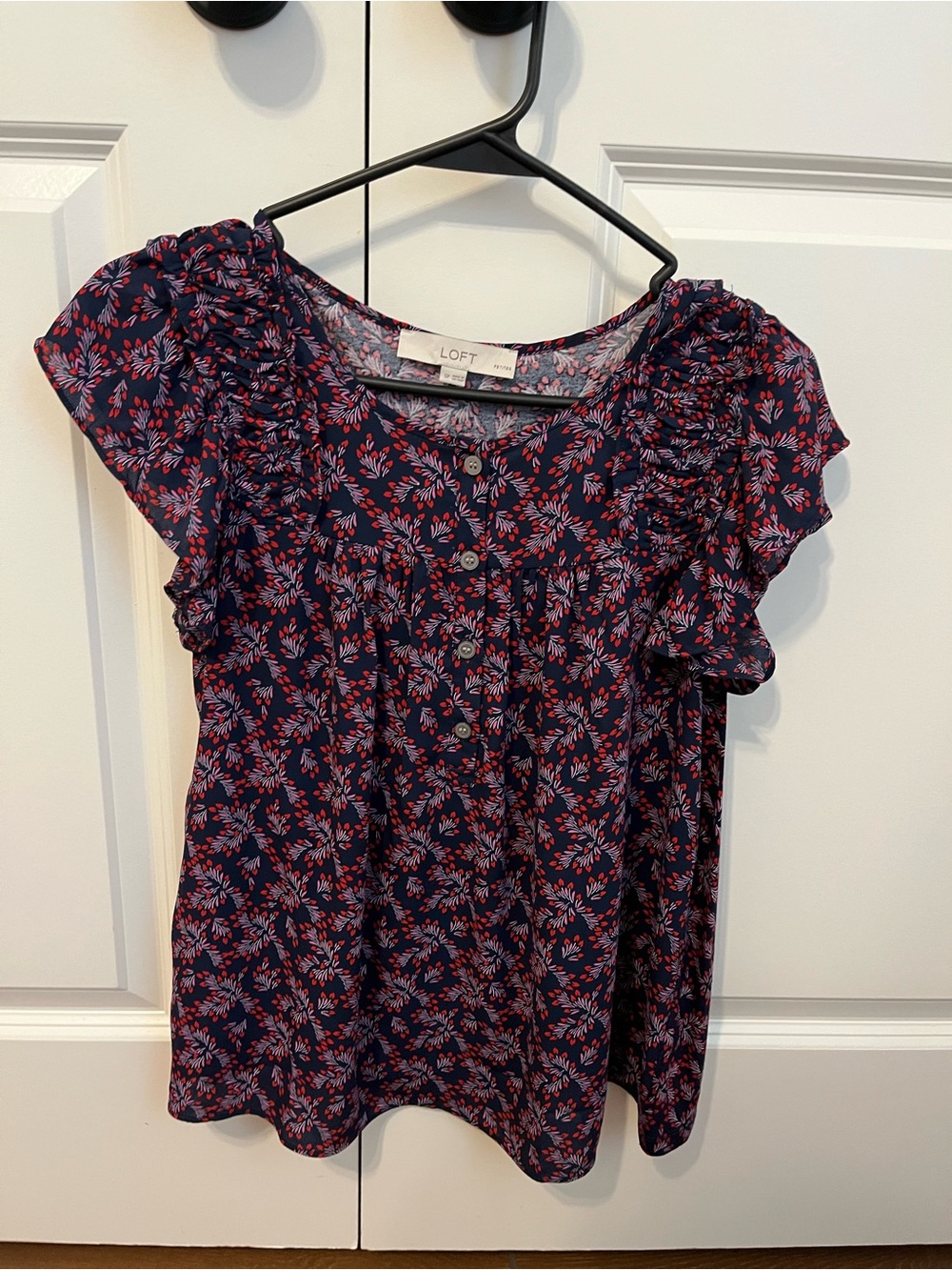 LOFT Navy Floral Ruffle Sleeve Button-Front Blouse